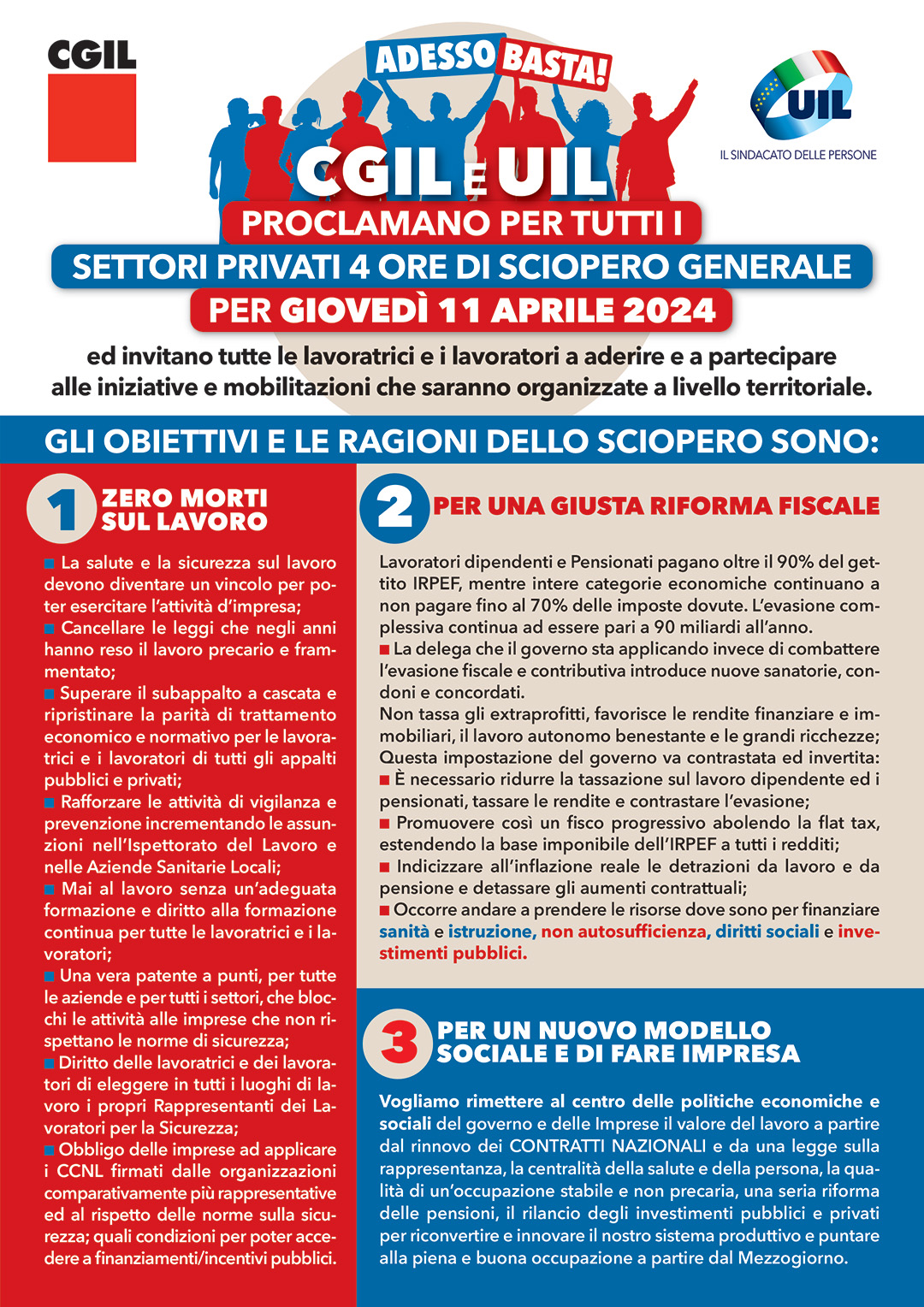 Cgil e Uil, giovedì 11 aprile sciopero generale 