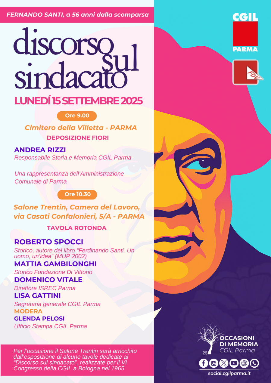 Locandina con immagine stilizzata di Fernando santi in secondo piano, con la descrizione del programma della giornata