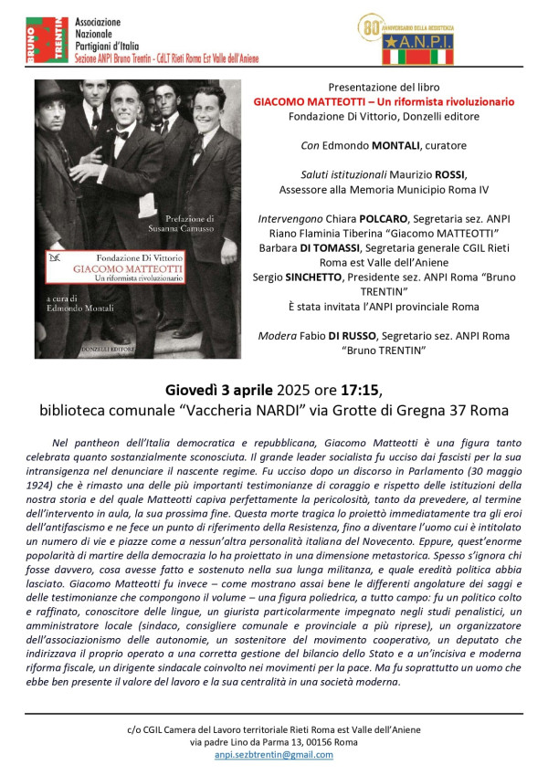 Presentazione del libro GIACOMO MATTEOTTI - Un riformista rivoluzionario Fondazione Di Vittorio, Donzelli editore