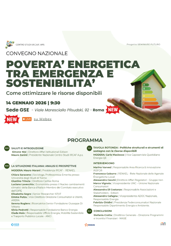 Convegno nazionale Povertà energetica tra emergenza e sostenibilità. Come ottimizzare le risorse disponibili.