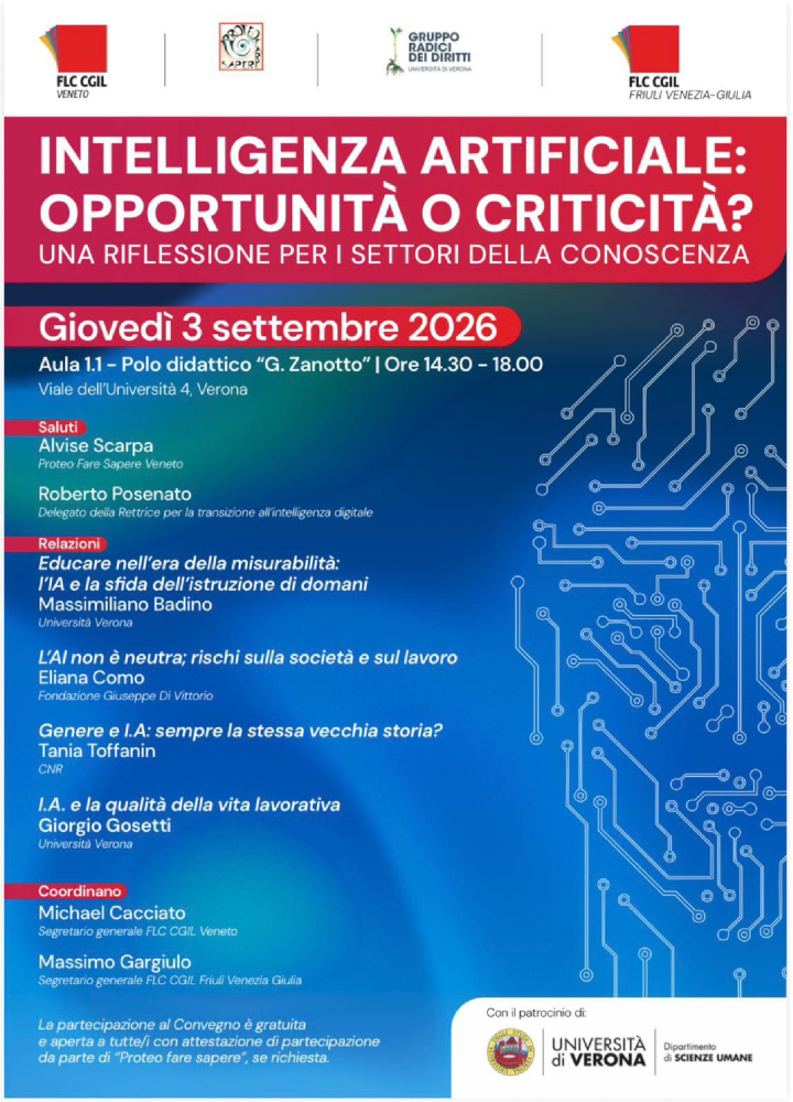 Locandina INTELLIGENZA ARTIFICIALE: OPPORTUNITÀ O CRITICITÀ? UNA RIFLESSIONE PER I SETTORI DELLA CONOSCENZA