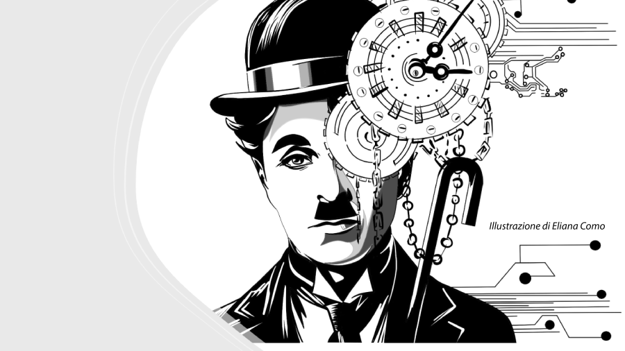 immagine in cui è presente il viso di charlie chaplin, con ingranaggi meccanici e flussi digitali
