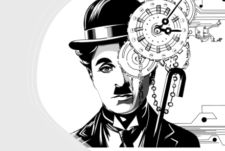 immagine in cui è presente il viso di charlie chaplin, con ingranaggi meccanici e flussi digitali